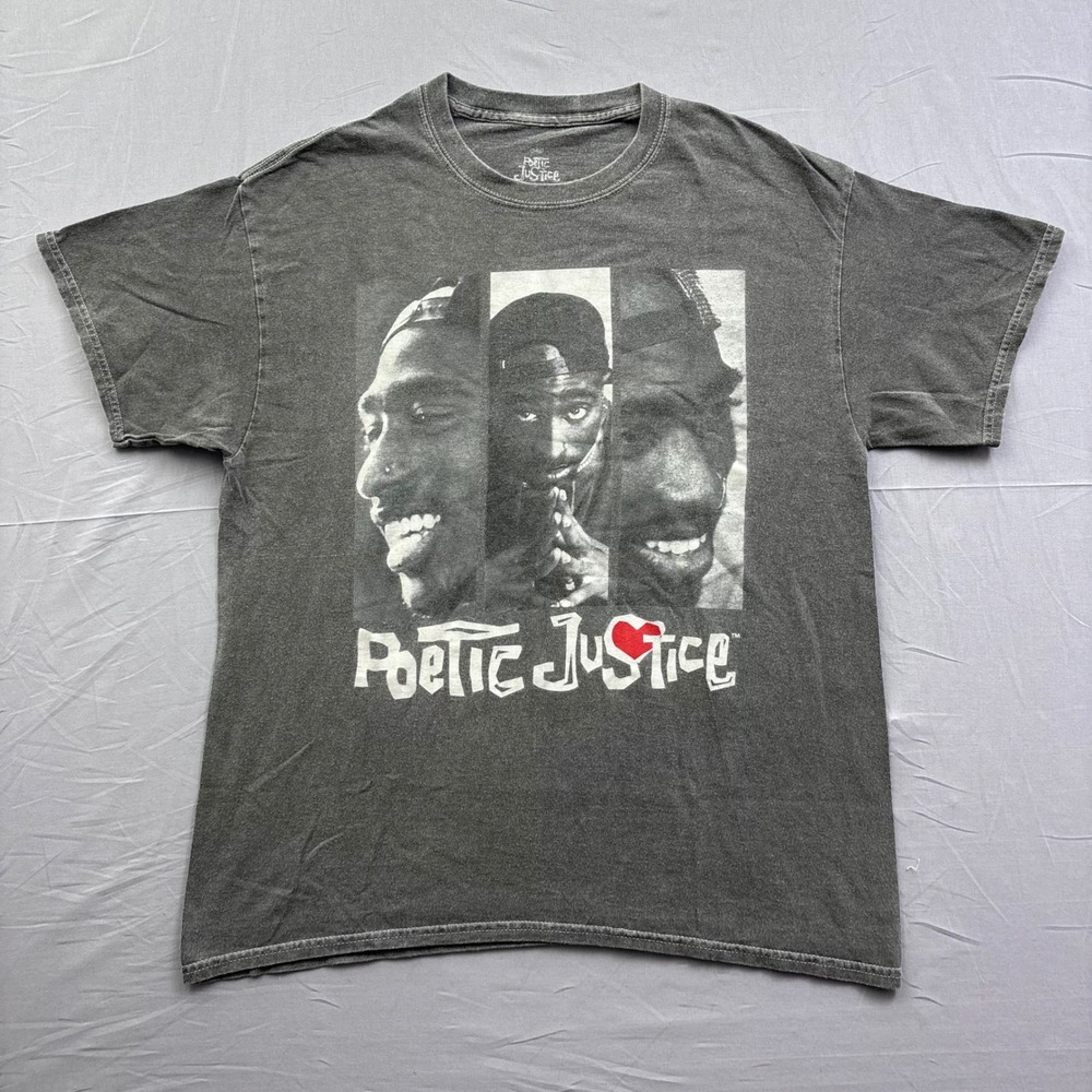 Poetic Justice Tupac Shakur Graphic T-Shirt Mens M/L Charcoal Grey Mineral Wash